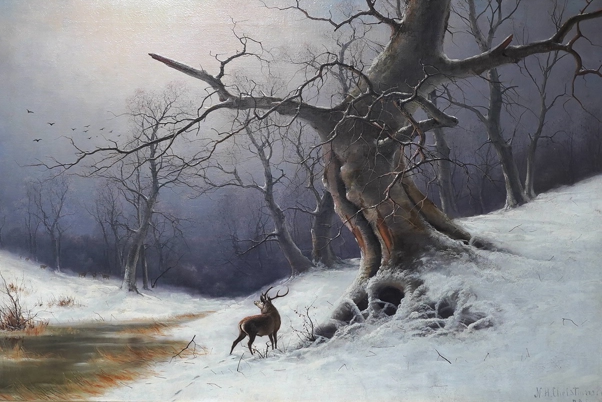 Nils Hans Christiansen (Danish, 1850-1922), oil on canvas, Deer beneath a tree, signed, 59 x 89cm, gilt framed. Condition - good